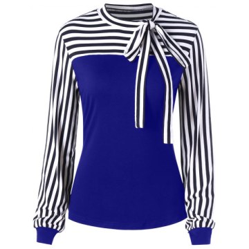Bowknot Striped Long Sleeve Top - Denim Dark Blue