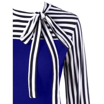 Bowknot Striped Long Sleeve Top - Denim Dark Blue