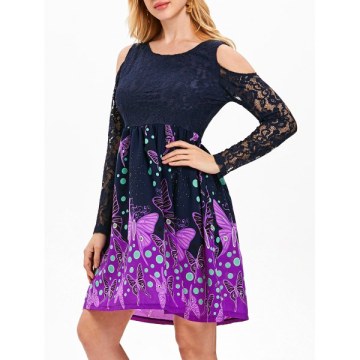 Butterflies Long Sleeve Lace Trim Dress - idnight Blue