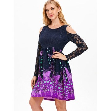 Butterflies Long Sleeve Lace Trim Dress - idnight Blue