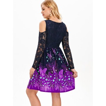 Butterflies Long Sleeve Lace Trim Dress - idnight Blue