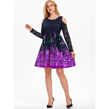 Butterflies Long Sleeve Lace Trim Dress - idnight Blue