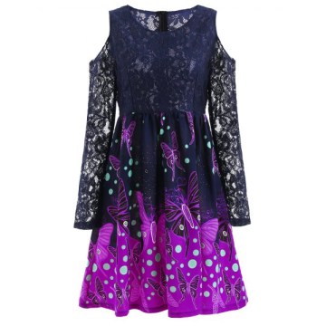 Butterflies Long Sleeve Lace Trim Dress - idnight Blue