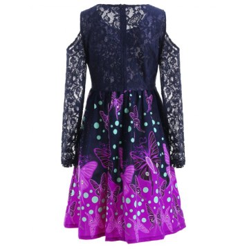 Butterflies Long Sleeve Lace Trim Dress - idnight Blue