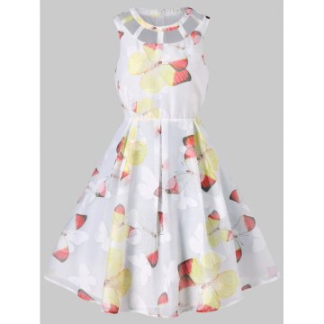 Butterflies Pattern Fit and Flare Dress - White