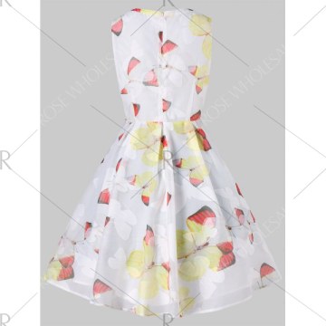 Butterflies Pattern Fit and Flare Dress - White