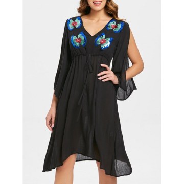 Butterflies Sequined Split Sleeve Chiffon Dress - Black