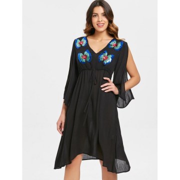 Butterflies Sequined Split Sleeve Chiffon Dress - Black