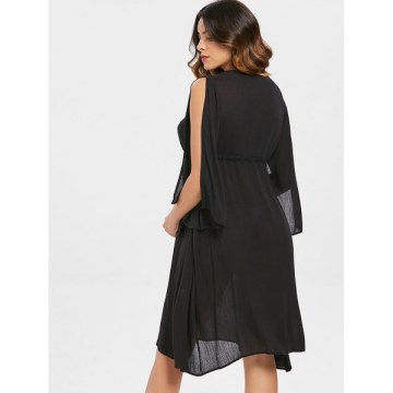 Butterflies Sequined Split Sleeve Chiffon Dress - Black
