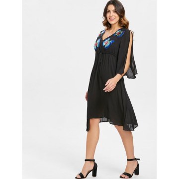 Butterflies Sequined Split Sleeve Chiffon Dress - Black