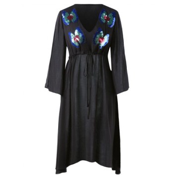 Butterflies Sequined Split Sleeve Chiffon Dress - Black