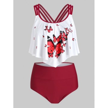 Butterfly Print Flounce Ruched High Waisted Tankini wimsuit - Red Wine