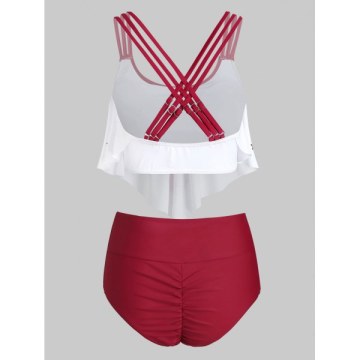 Butterfly Print Flounce Ruched High Waisted Tankini wimsuit - Red Wine