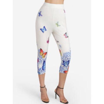 Butterfly Print High Waisted Capri Leggings - White