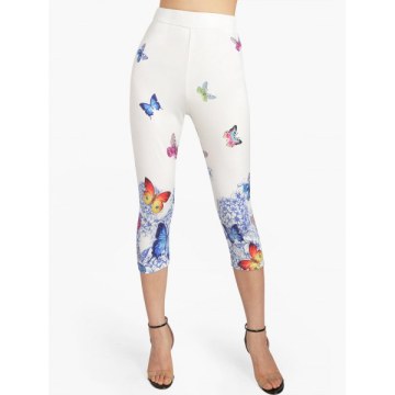 Butterfly Print High Waisted Capri Leggings - White