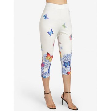 Butterfly Print High Waisted Capri Leggings - White