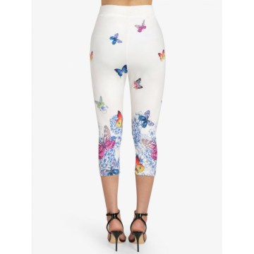 Butterfly Print High Waisted Capri Leggings - White
