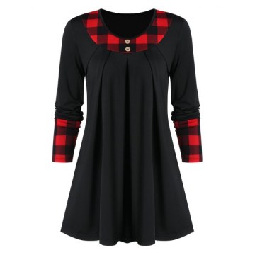 Button Checked Panel T Shirt - Black