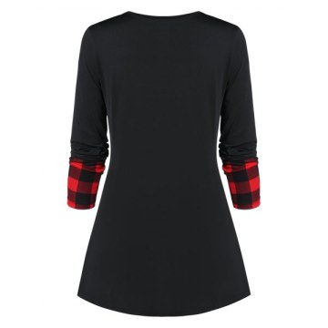 Button Checked Panel T Shirt - Black