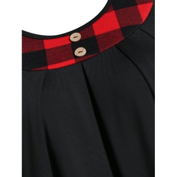 Button Checked Panel T Shirt - Black