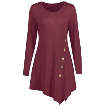 Button Embellished Longline Asymmetrical T-shirt - Wine Red