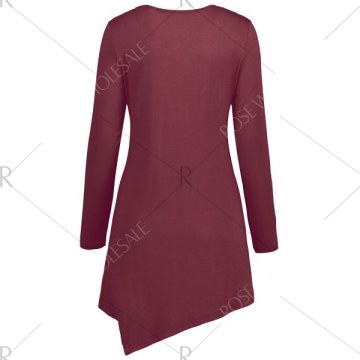 Button Embellished Longline Asymmetrical T-shirt - Wine Red