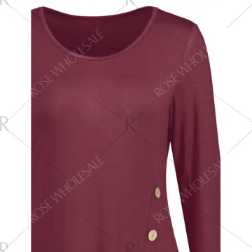Button Embellished Longline Asymmetrical T-shirt - Wine Red