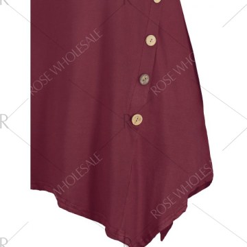 Button Embellished Longline Asymmetrical T-shirt - Wine Red