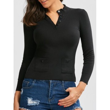 Button Up Ribbed Long Sleeve Fitted T-Shirt - Black