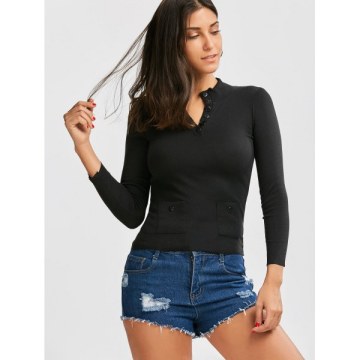 Button Up Ribbed Long Sleeve Fitted T-Shirt - Black