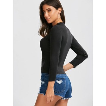 Button Up Ribbed Long Sleeve Fitted T-Shirt - Black