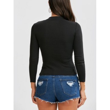 Button Up Ribbed Long Sleeve Fitted T-Shirt - Black