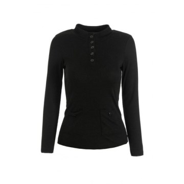 Button Up Ribbed Long Sleeve Fitted T-Shirt - Black