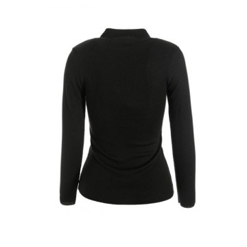 Button Up Ribbed Long Sleeve Fitted T-Shirt - Black