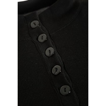 Button Up Ribbed Long Sleeve Fitted T-Shirt - Black