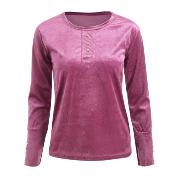 Button Velvet Pullover T Shirt - Light Pink