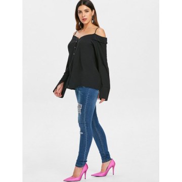 Buttoned Cut Out Cami Blouse - Black