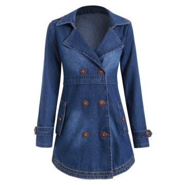Buttons Embellished Lapel Denim Coat with Pockets - Denim Dark Blue