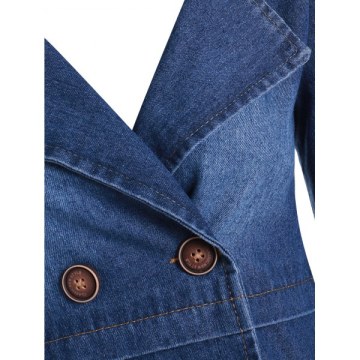 Buttons Embellished Lapel Denim Coat with Pockets - Denim Dark Blue