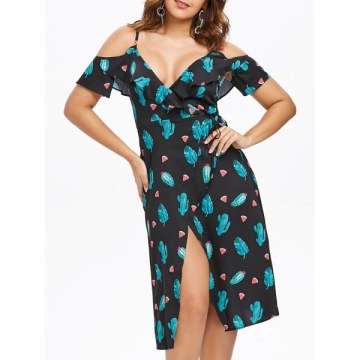 Cactus Watermelon Print Casual Dress - Black