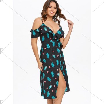 Cactus Watermelon Print Casual Dress - Black