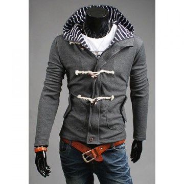 Casual Hooded Stripe Splicing Horn Button Embellished Long Sleeves Cotton Blend Coat For en - Gray