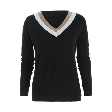 Casual Long Sleeve V-Neck Color Block Women's T-Shirt - Black