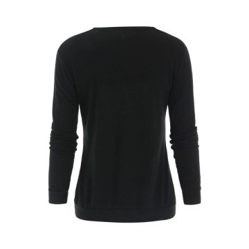 Casual Long Sleeve V-Neck Color Block Women's T-Shirt - Black