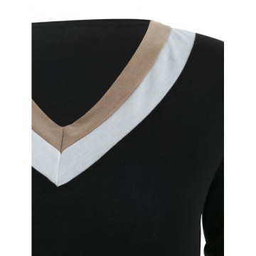 Casual Long Sleeve V-Neck Color Block Women's T-Shirt - Black