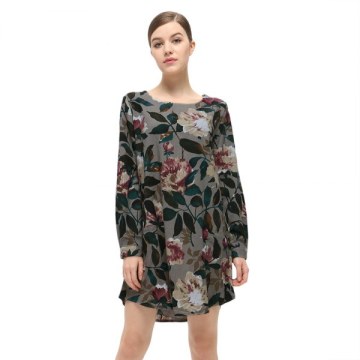 Casual Round Collar Long Sleeve Floral Print Pocket Dress for Women - Geometric Print