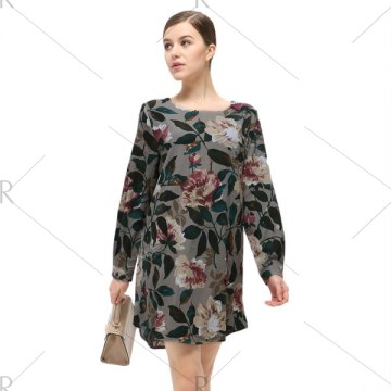 Casual Round Collar Long Sleeve Floral Print Pocket Dress for Women - Geometric Print
