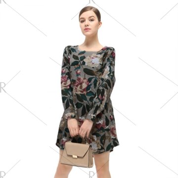 Casual Round Collar Long Sleeve Floral Print Pocket Dress for Women - Geometric Print