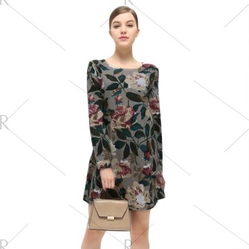Casual Round Collar Long Sleeve Floral Print Pocket Dress for Women - Geometric Print
