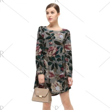 Casual Round Collar Long Sleeve Floral Print Pocket Dress for Women - Geometric Print